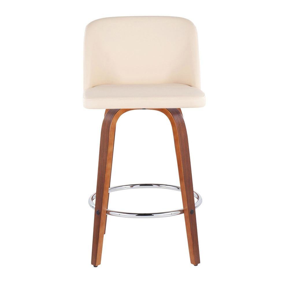 Toriano Mid-Century Modern Fixed-Height Counter Stool in Walnut Wood with Round Chrome Footrest and Black Faux Leather By LumiSource - Set of 2 | Counter Stools | Modishstore - 9