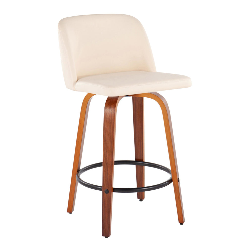 Toriano Mid-Century Modern Fixed-Height Counter Stool in Walnut Wood with Round Black Footrest and Black Faux Leather By LumiSource - Set of 2 | Counter Stools | Modishstore - 11