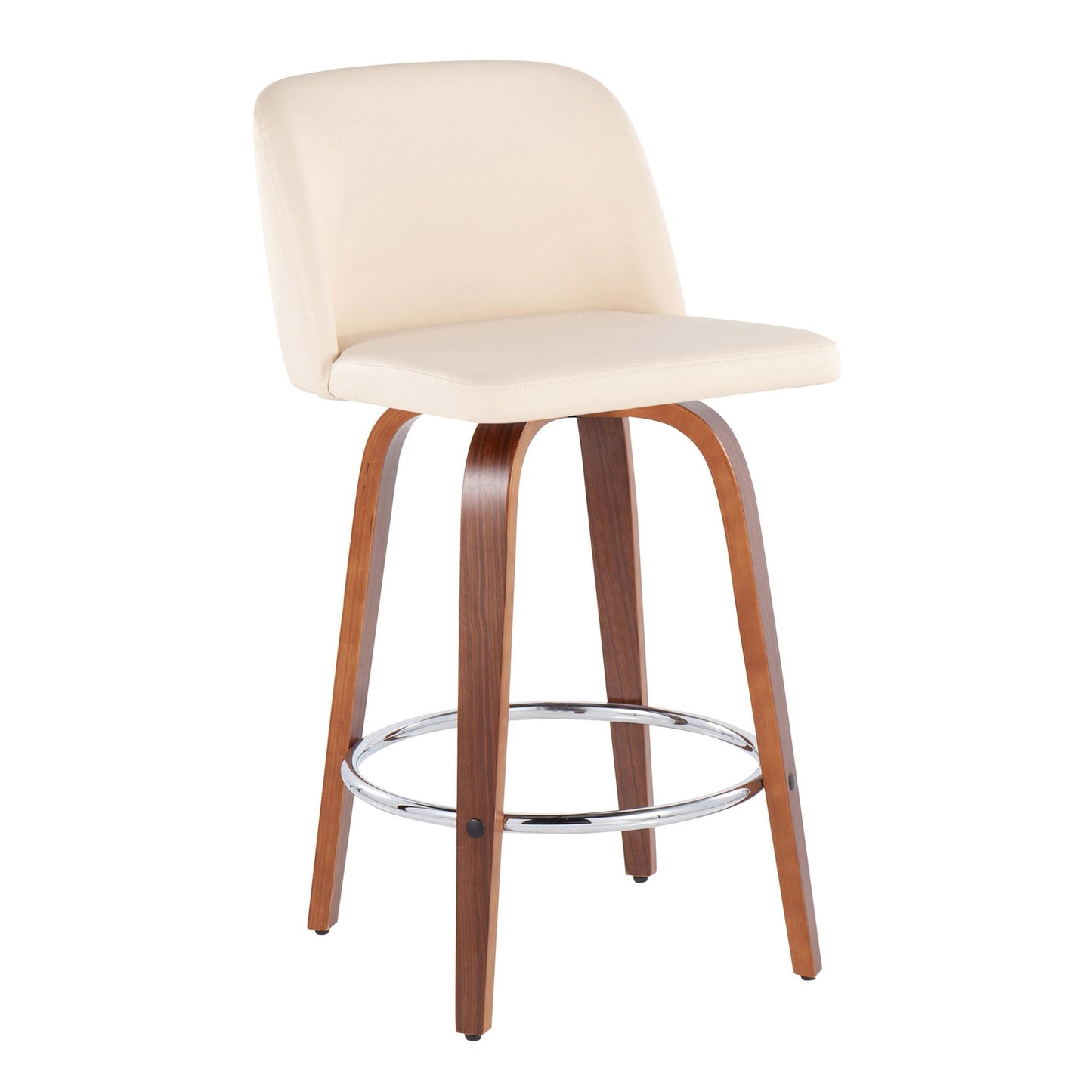 Toriano Mid-Century Modern Fixed-Height Counter Stool in Walnut Wood with Round Chrome Footrest and Black Faux Leather By LumiSource - Set of 2 | Counter Stools | Modishstore - 11