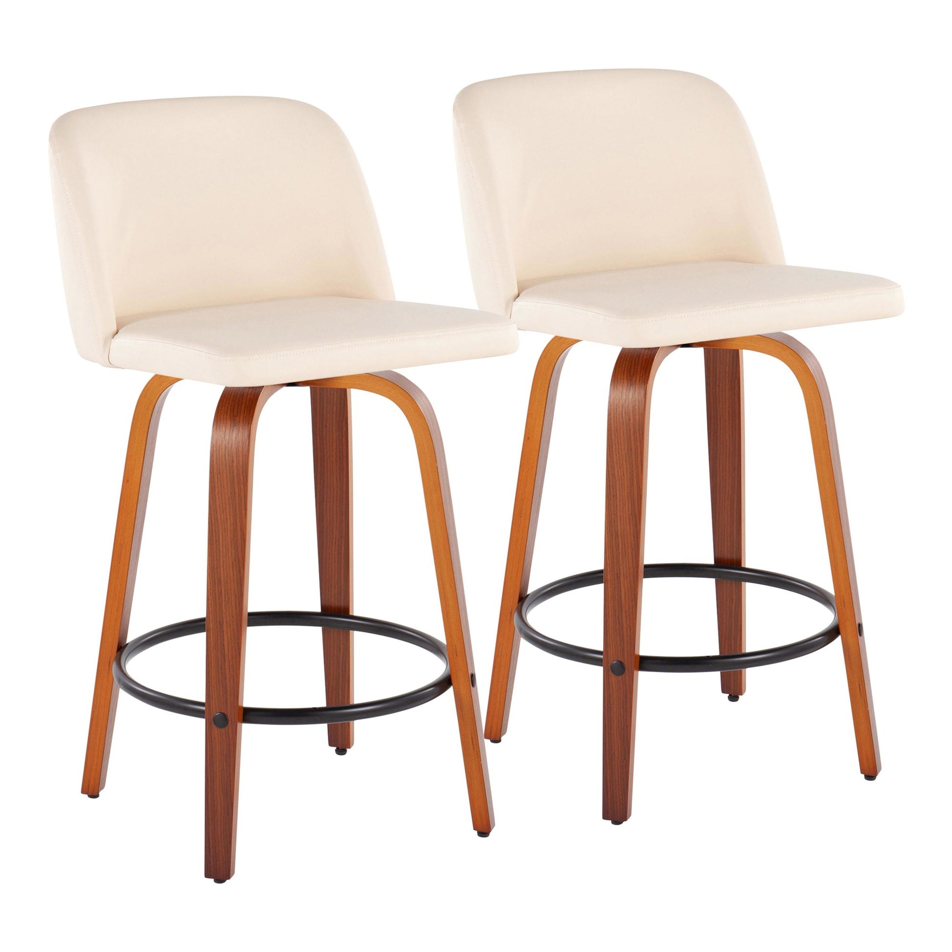 Toriano Mid-Century Modern Fixed-Height Counter Stool in Walnut Wood with Round Black Footrest and Black Faux Leather By LumiSource - Set of 2 | Counter Stools | Modishstore - 8