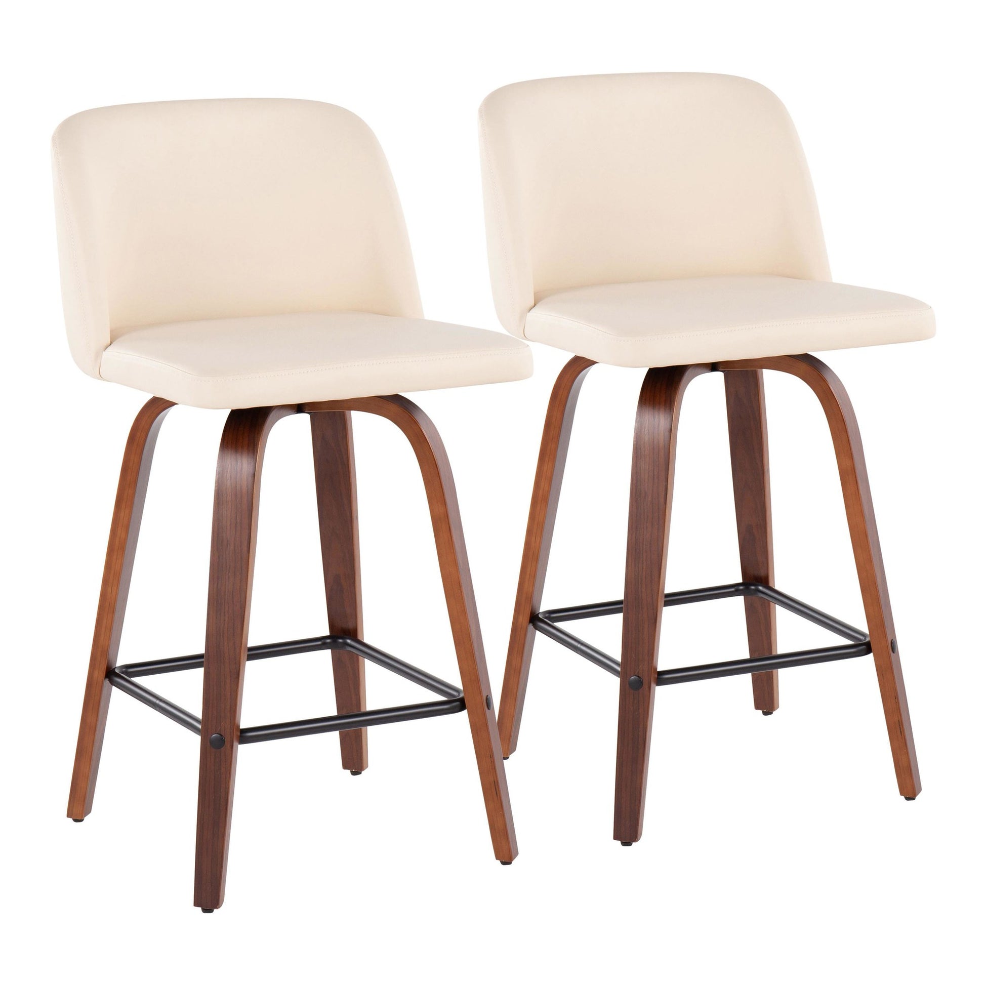 Toriano Mid-Century Modern Fixed-Height Counter Stool in Walnut Wood with Square Black Footrest and Black Faux Leather By LumiSource - Set of 2 | Counter Stools | Modishstore - 9