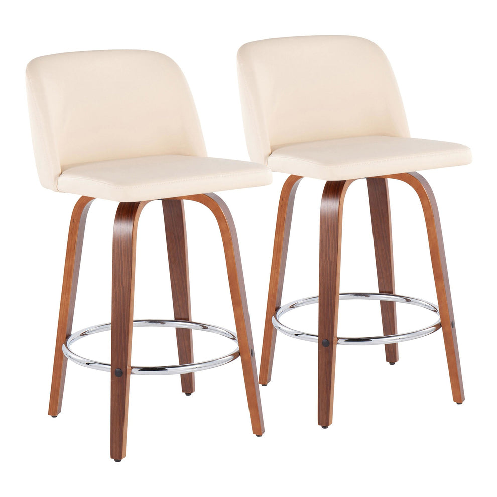Toriano Mid-Century Modern Fixed-Height Counter Stool in Walnut Wood with Round Chrome Footrest and Black Faux Leather By LumiSource - Set of 2 | Counter Stools | Modishstore - 8