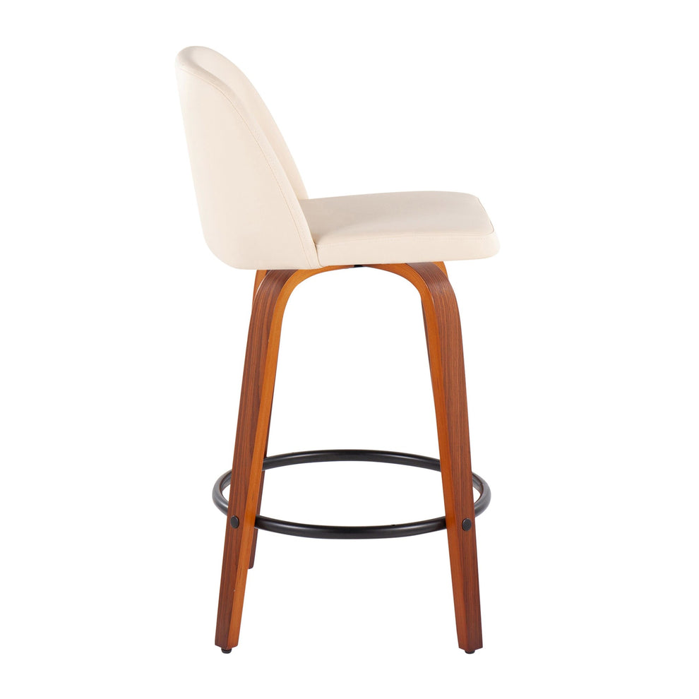Toriano Mid-Century Modern Fixed-Height Counter Stool in Walnut Wood with Round Black Footrest and Black Faux Leather By LumiSource - Set of 2 | Counter Stools | Modishstore - 12