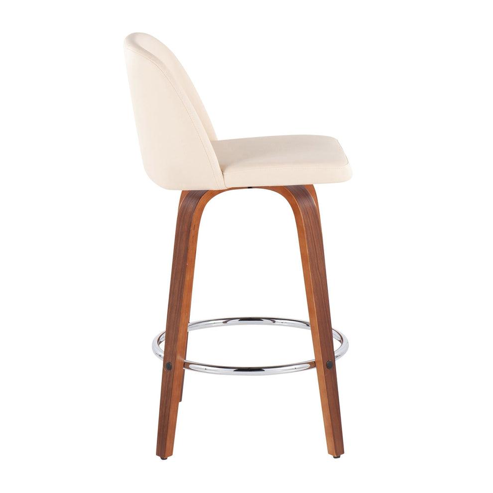 Toriano Mid-Century Modern Fixed-Height Counter Stool in Walnut Wood with Round Chrome Footrest and Black Faux Leather By LumiSource - Set of 2 | Counter Stools | Modishstore - 12