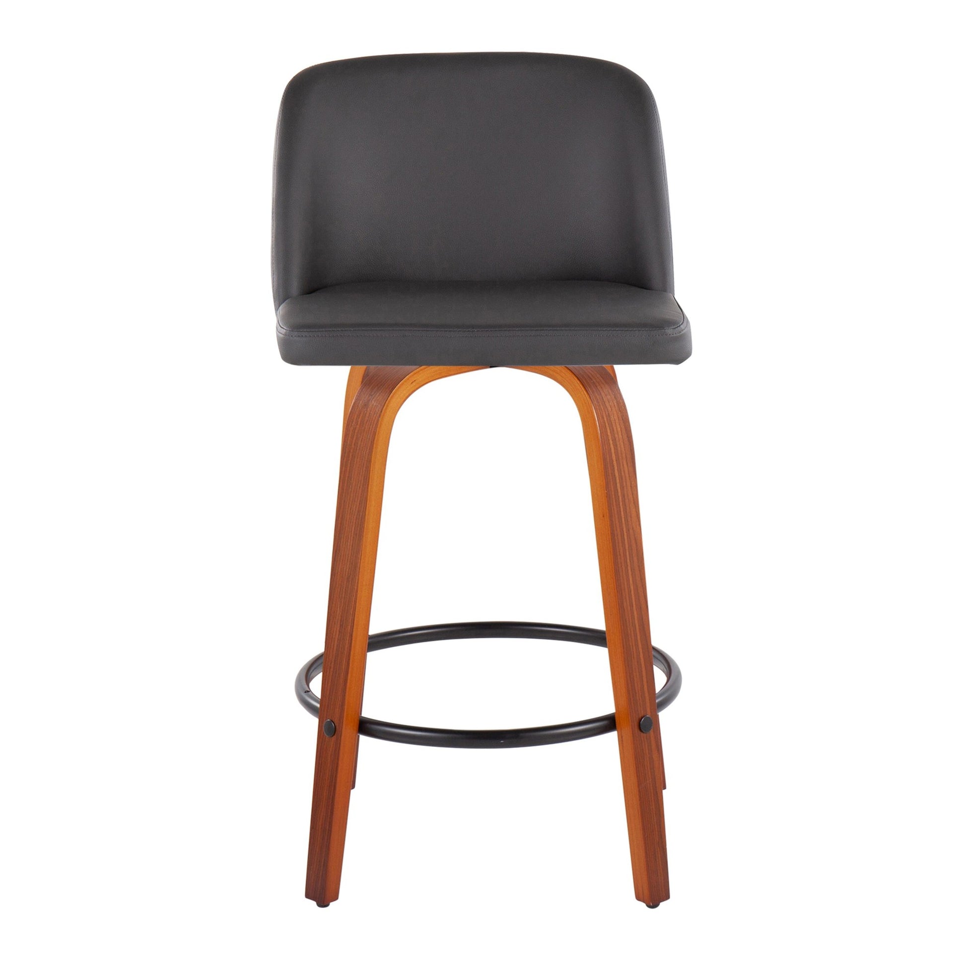 Toriano Mid-Century Modern Fixed-Height Counter Stool in Walnut Wood with Round Black Footrest and Black Faux Leather By LumiSource - Set of 2 | Counter Stools | Modishstore - 16