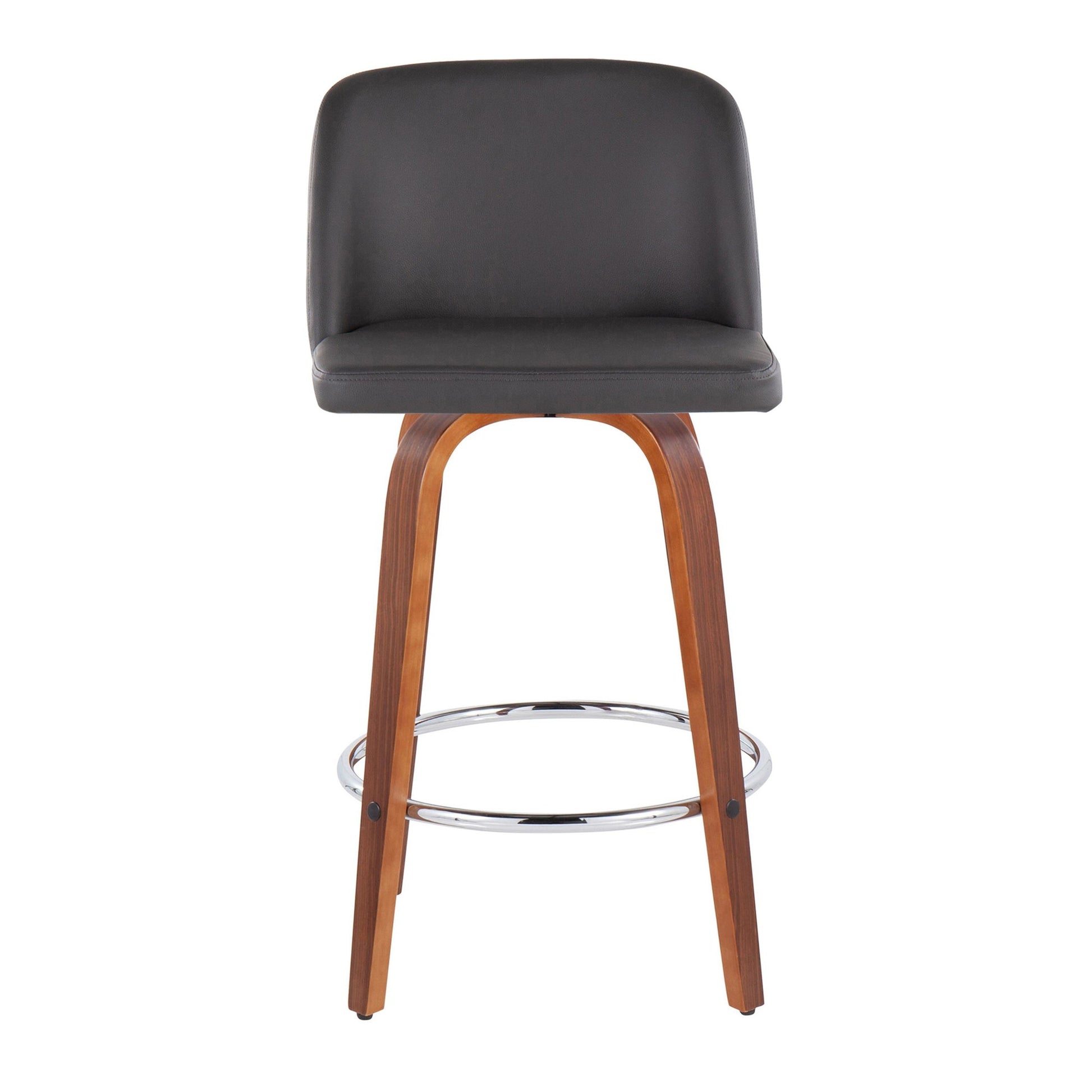 Toriano Mid-Century Modern Fixed-Height Counter Stool in Walnut Wood with Round Chrome Footrest and Black Faux Leather By LumiSource - Set of 2 | Counter Stools | Modishstore - 16