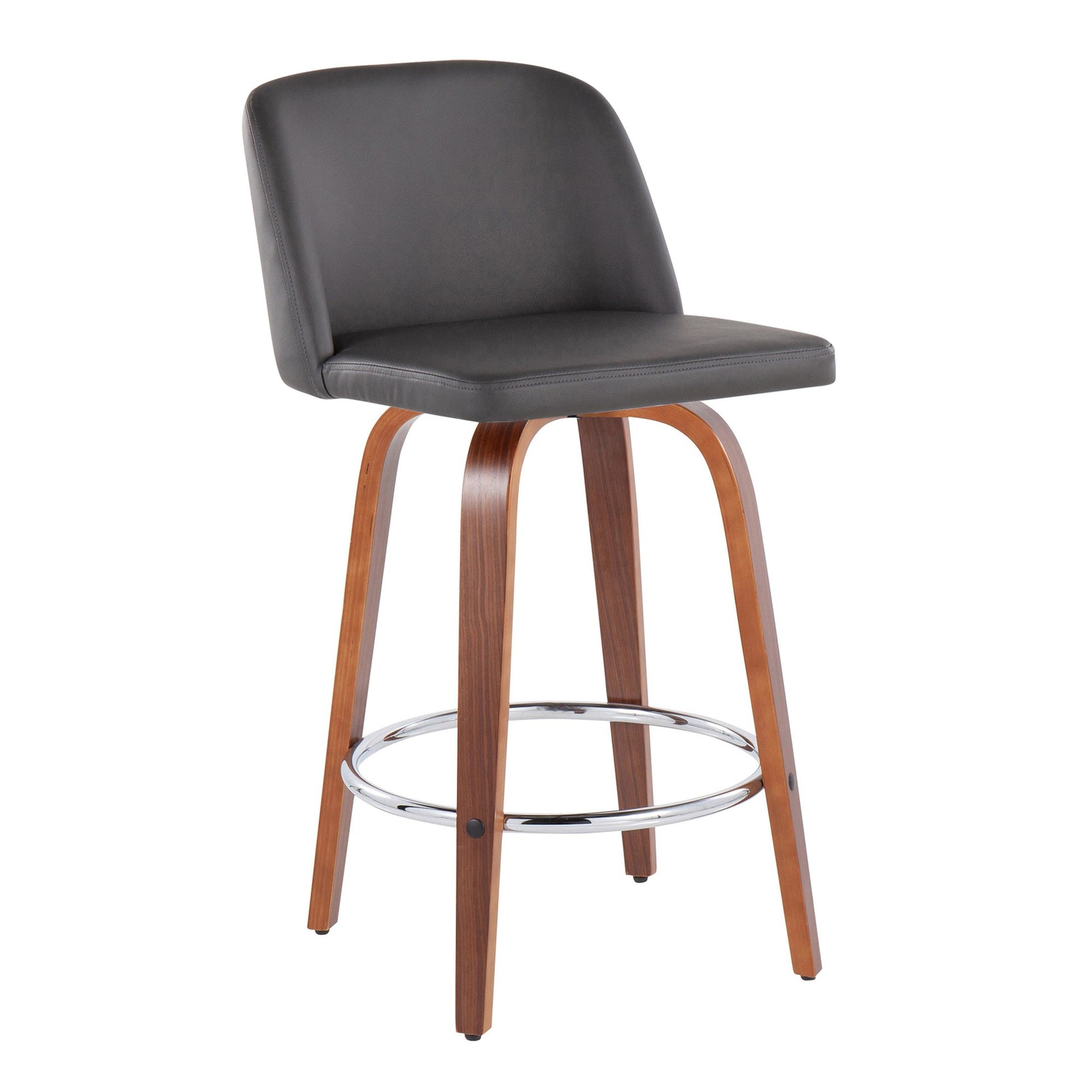 Toriano Mid-Century Modern Fixed-Height Counter Stool in Walnut Wood with Round Chrome Footrest and Black Faux Leather By LumiSource - Set of 2 | Counter Stools | Modishstore - 18