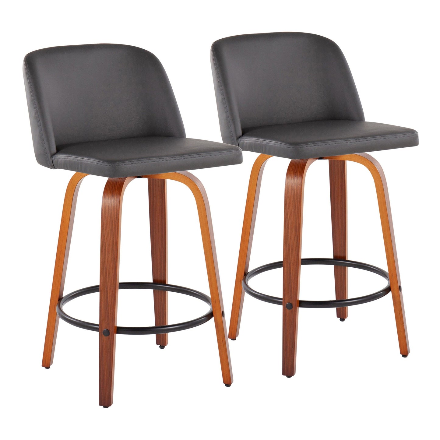 Toriano Mid-Century Modern Fixed-Height Counter Stool in Walnut Wood with Round Black Footrest and Black Faux Leather By LumiSource - Set of 2 | Counter Stools | Modishstore - 15