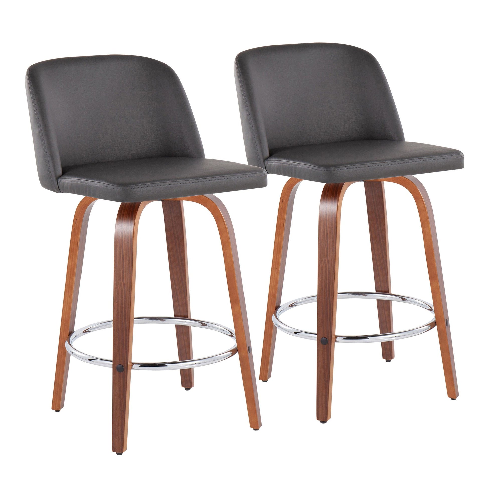 Toriano Mid-Century Modern Fixed-Height Counter Stool in Walnut Wood with Round Chrome Footrest and Black Faux Leather By LumiSource - Set of 2 | Counter Stools | Modishstore - 15