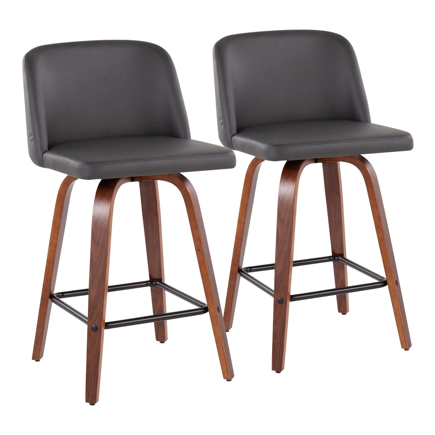 Toriano Mid-Century Modern Fixed-Height Counter Stool in Walnut Wood with Square Black Footrest and Black Faux Leather By LumiSource - Set of 2 | Counter Stools | Modishstore - 17