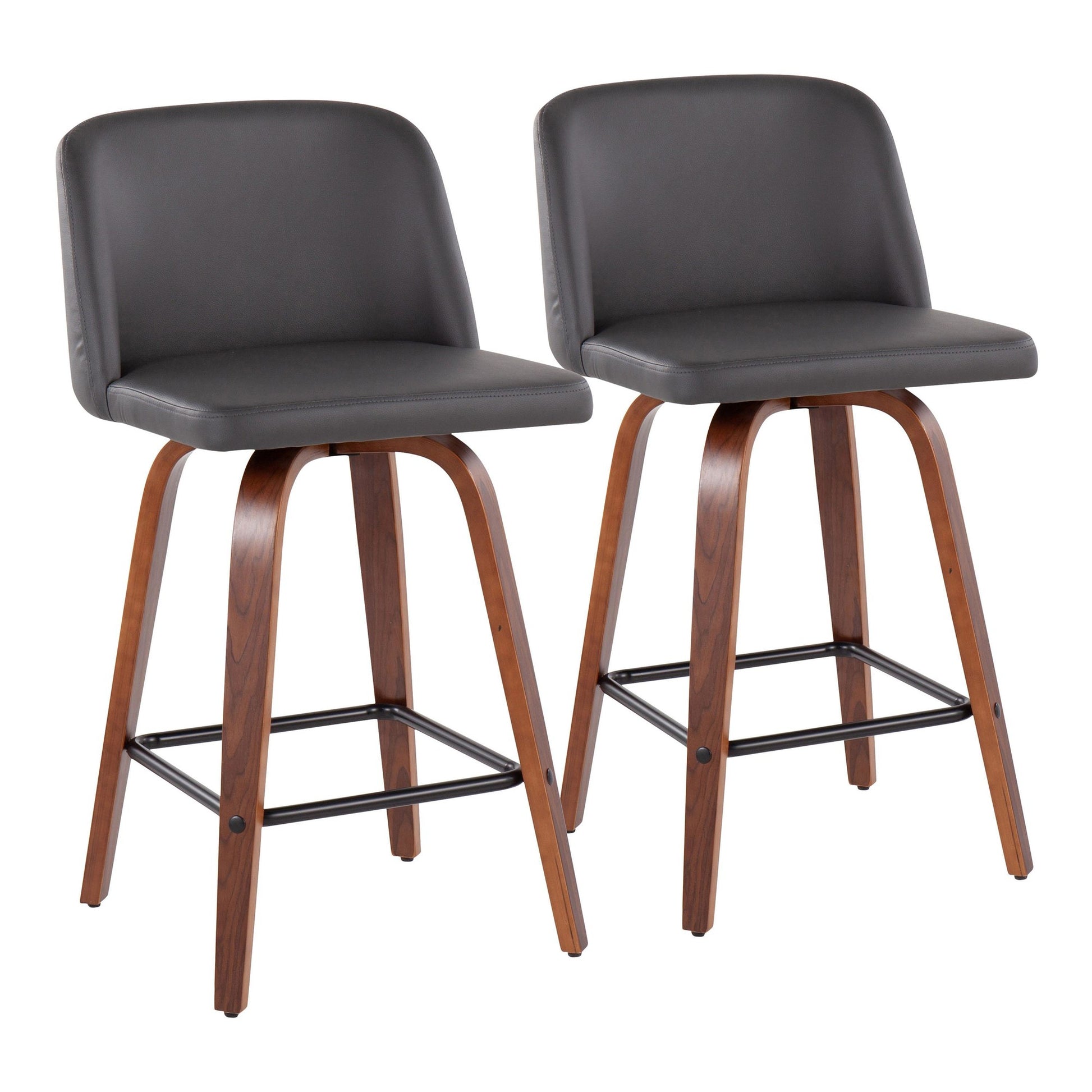 Toriano Mid-Century Modern Fixed-Height Counter Stool in Walnut Wood with Square Black Footrest and Black Faux Leather By LumiSource - Set of 2 | Counter Stools | Modishstore - 17