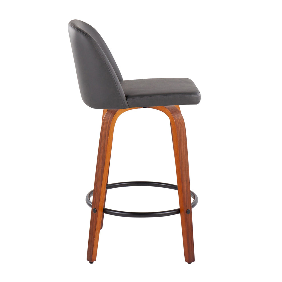 Toriano Mid-Century Modern Fixed-Height Counter Stool in Walnut Wood with Round Black Footrest and Black Faux Leather By LumiSource - Set of 2 | Counter Stools | Modishstore - 19
