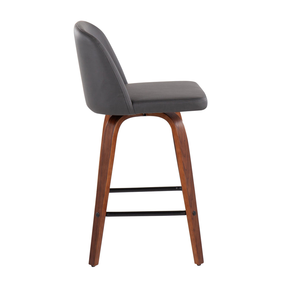 Toriano Mid-Century Modern Fixed-Height Counter Stool in Walnut Wood with Square Black Footrest and Black Faux Leather By LumiSource - Set of 2 | Counter Stools | Modishstore - 22