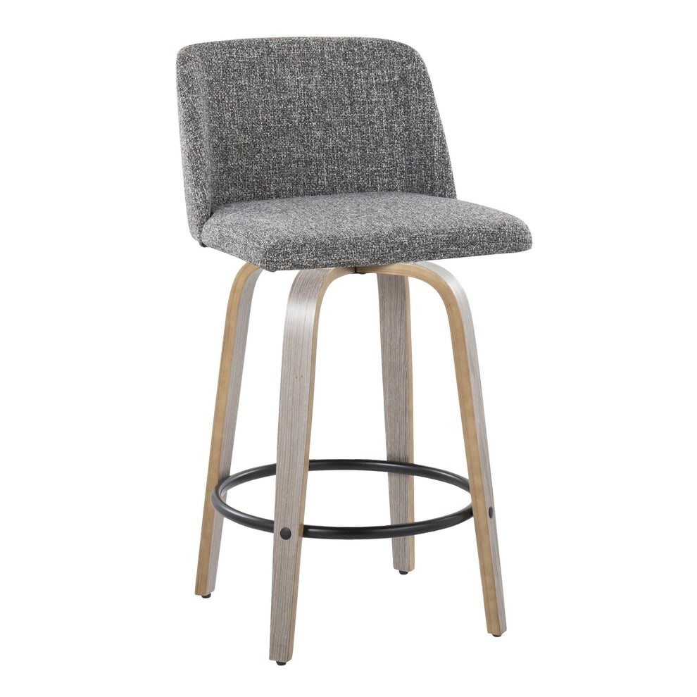 Toriano 26" Contemporary Fixed Height Counter Stool with Swivel in Light Grey Wood and Grey Noise Fabric with Round Black Metal Footrest By LumiSource - Set of 2 | Counter Stools | Modishstore - 3