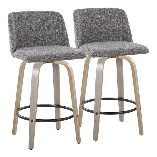 Toriano 26" Contemporary Fixed Height Counter Stool with Swivel in Light Grey Wood and Grey Noise Fabric with Round Black Metal Footrest By LumiSource - Set of 2 | Counter Stools | Modishstore
