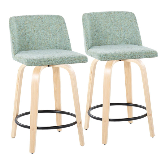 Toriano 24" Contemporary Fixed Height Counter Stool with Swivel in Natural Wood and Light Green Fabric with Round Black Metal Footrest By LumiSource - Set of 2 | Counter Stools | Modishstore