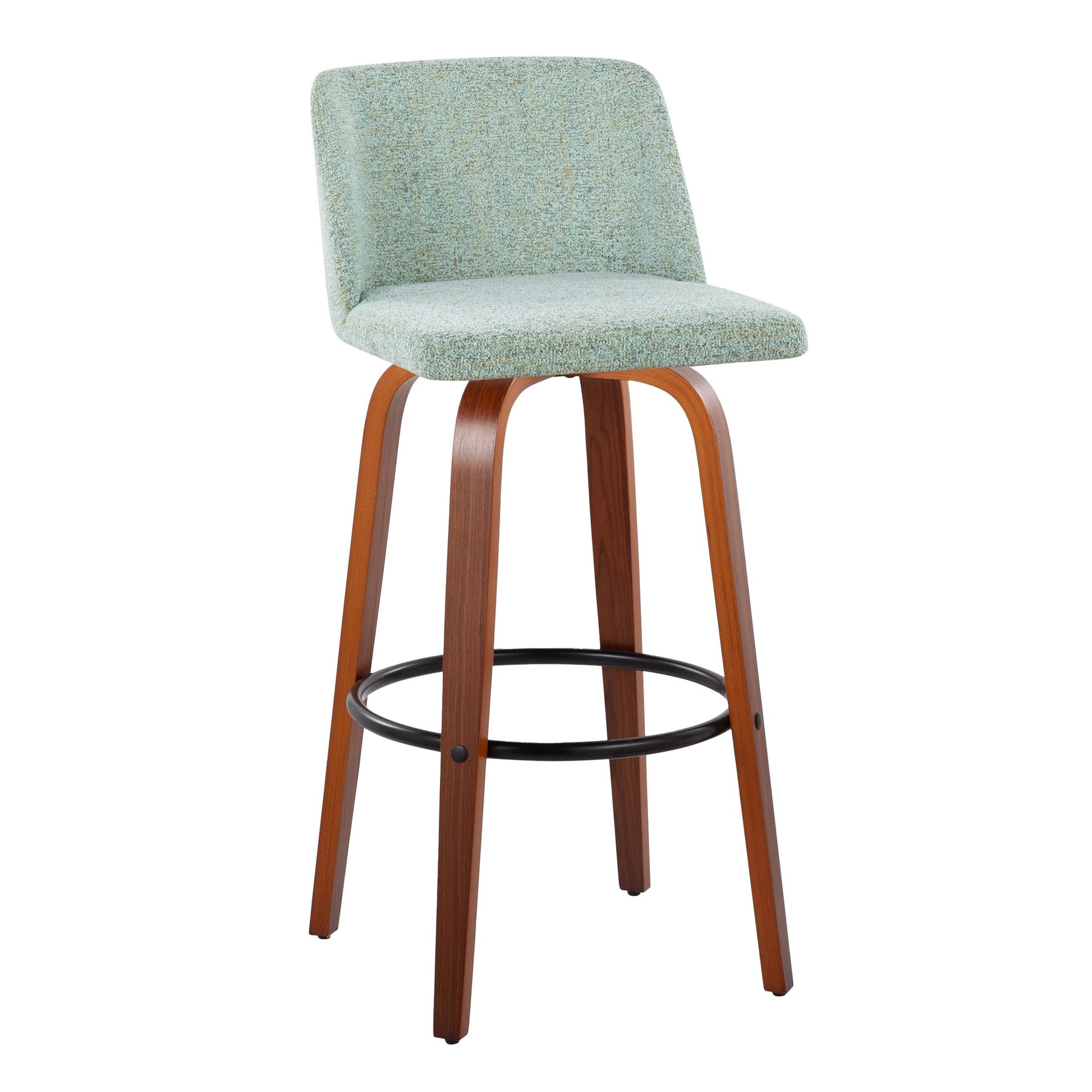 Toriano 24" Mid-Century Modern Fixed Height Counter Stool with Swivel in Walnut Wood and Light Green Fabric with Round Black Metal Footrest By LumiSource - Set of 2 | Counter Stools | Modishstore - 3