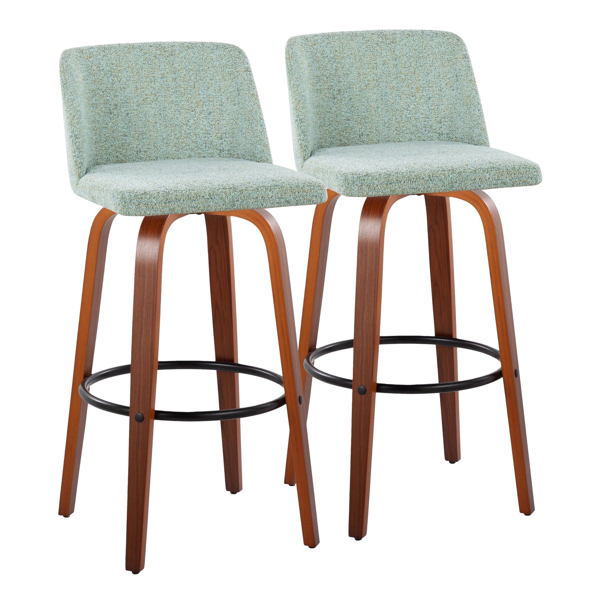 Toriano 24" Mid-Century Modern Fixed Height Counter Stool with Swivel in Walnut Wood and Light Green Fabric with Round Black Metal Footrest By LumiSource - Set of 2 | Counter Stools | Modishstore