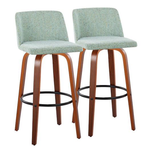 Toriano 24" Mid-Century Modern Fixed Height Counter Stool with Swivel in Walnut Wood and Light Green Fabric with Round Black Metal Footrest By LumiSource - Set of 2 | Counter Stools | Modishstore