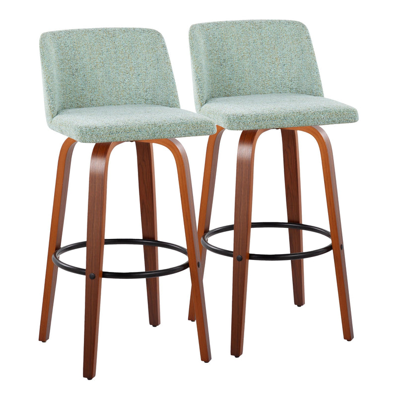 Toriano 30" Mid-Century Modern Fixed Height Barstool with Swivel in Walnut Wood and Light Green Fabric with Round Black Metal Footrest By LumiSource - Set of 2 | Bar Stools | Modishstore