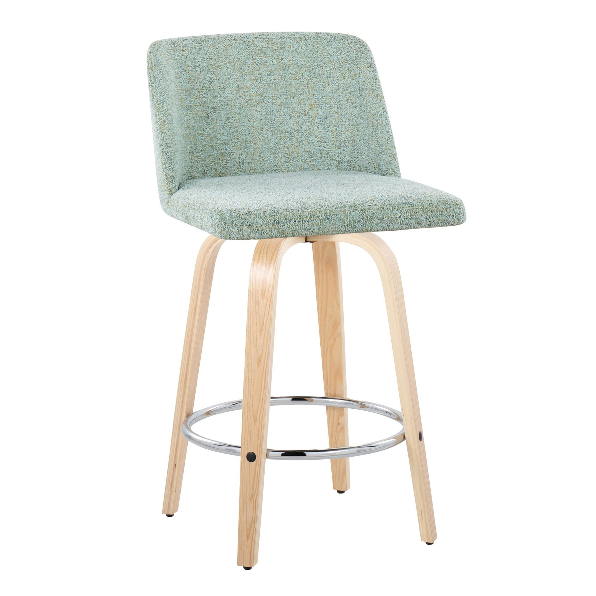 Toriano 24" Contemporary Fixed Height Counter Stool with Swivel in Natural Wood and Light Green Fabric with Round Chrome Metal Footrest By LumiSource - Set of 2 | Counter Stools | Modishstore - 5