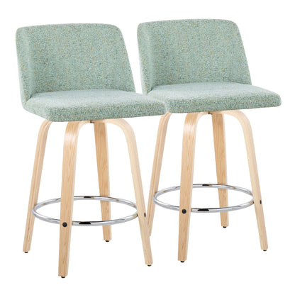 Toriano 26" Contemporary Fixed Height Counter Stool with Swivel in Natural Wood and Light Green Fabric with Round Chrome Metal Footrest By LumiSource - Set of 2 | Counter Stools | Modishstore