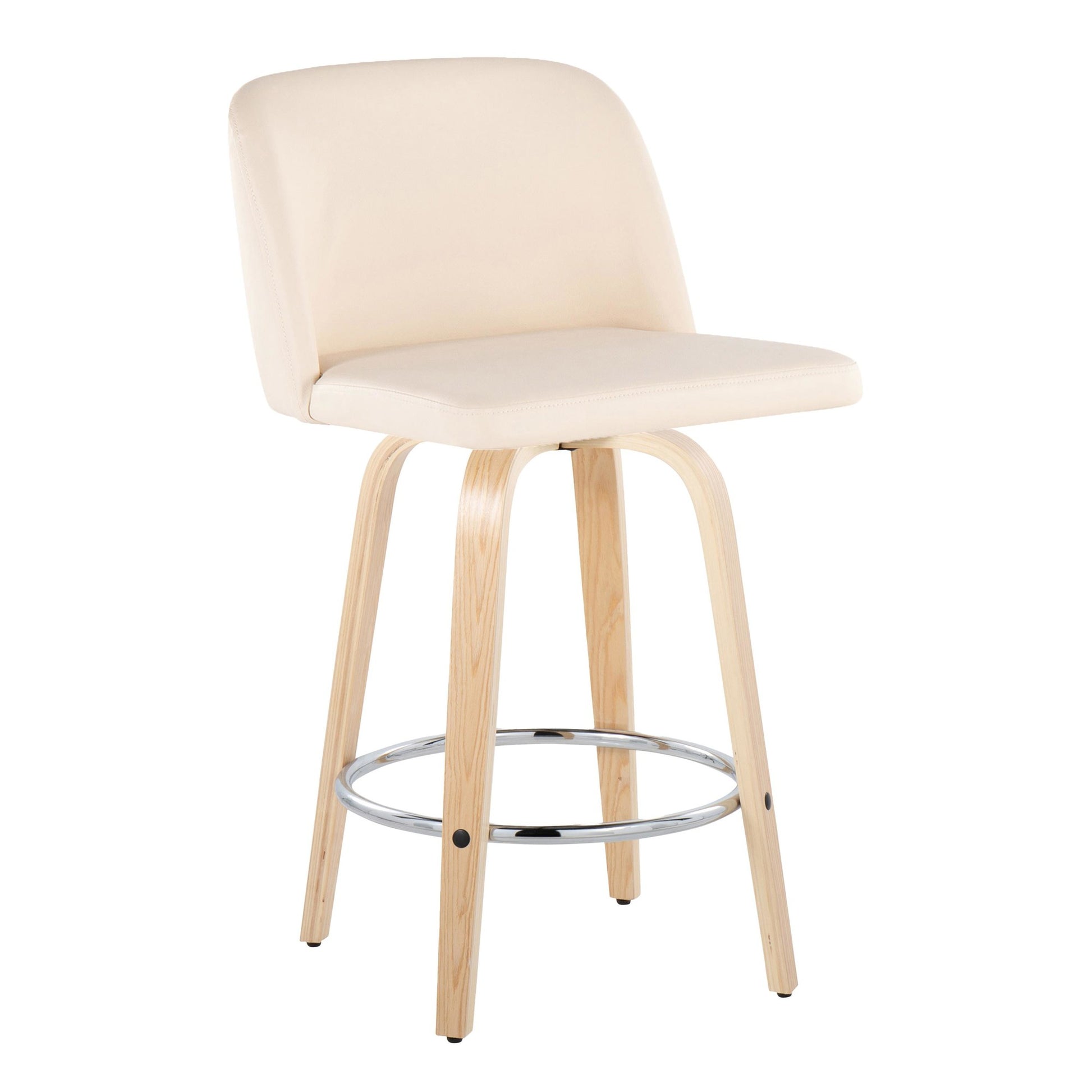 Toriano 24" Contemporary Fixed Height Counter Stool with Swivel in Natural Wood and Cream Faux Leather with Round Chrome Metal Footrest By LumiSource - Set of 2 | Counter Stools | Modishstore - 4