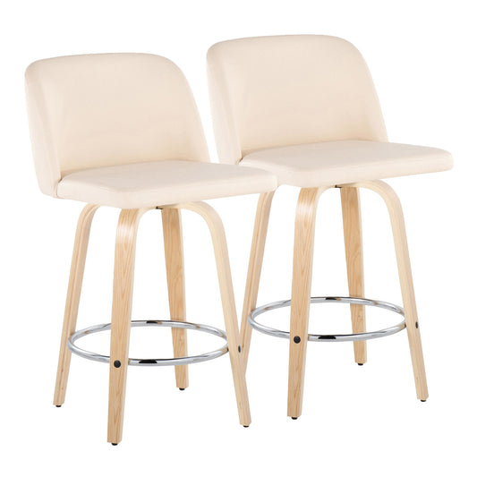 Toriano 24" Contemporary Fixed Height Counter Stool with Swivel in Natural Wood and Cream Faux Leather with Round Chrome Metal Footrest By LumiSource - Set of 2 | Counter Stools | Modishstore