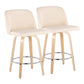 Toriano 26" Contemporary Fixed Height Counter Stool with Swivel in Natural Wood and Cream Faux Leather with Round Chrome Metal Footrest By LumiSource - Set of 2 | Counter Stools | Modishstore