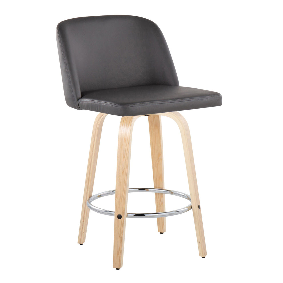 Toriano 26" Contemporary Fixed Height Counter Stool with Swivel in Natural Wood and Cream Faux Leather with Round Chrome Metal Footrest By LumiSource - Set of 2 | Counter Stools | Modishstore - 11