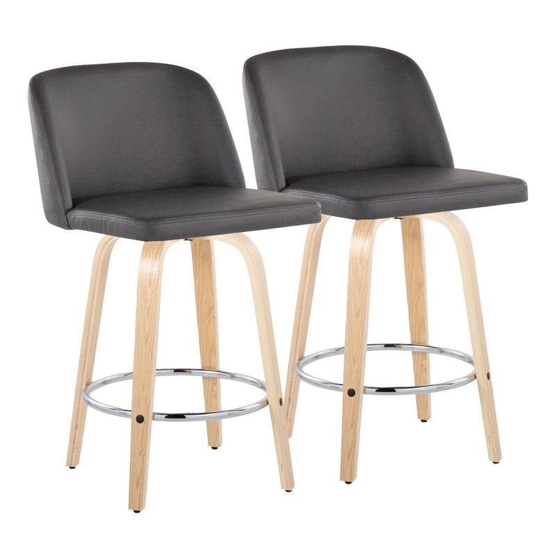 Toriano 24" Contemporary Fixed Height Counter Stool with Swivel in Natural Wood and Cream Faux Leather with Round Chrome Metal Footrest By LumiSource - Set of 2 | Counter Stools | Modishstore - 8