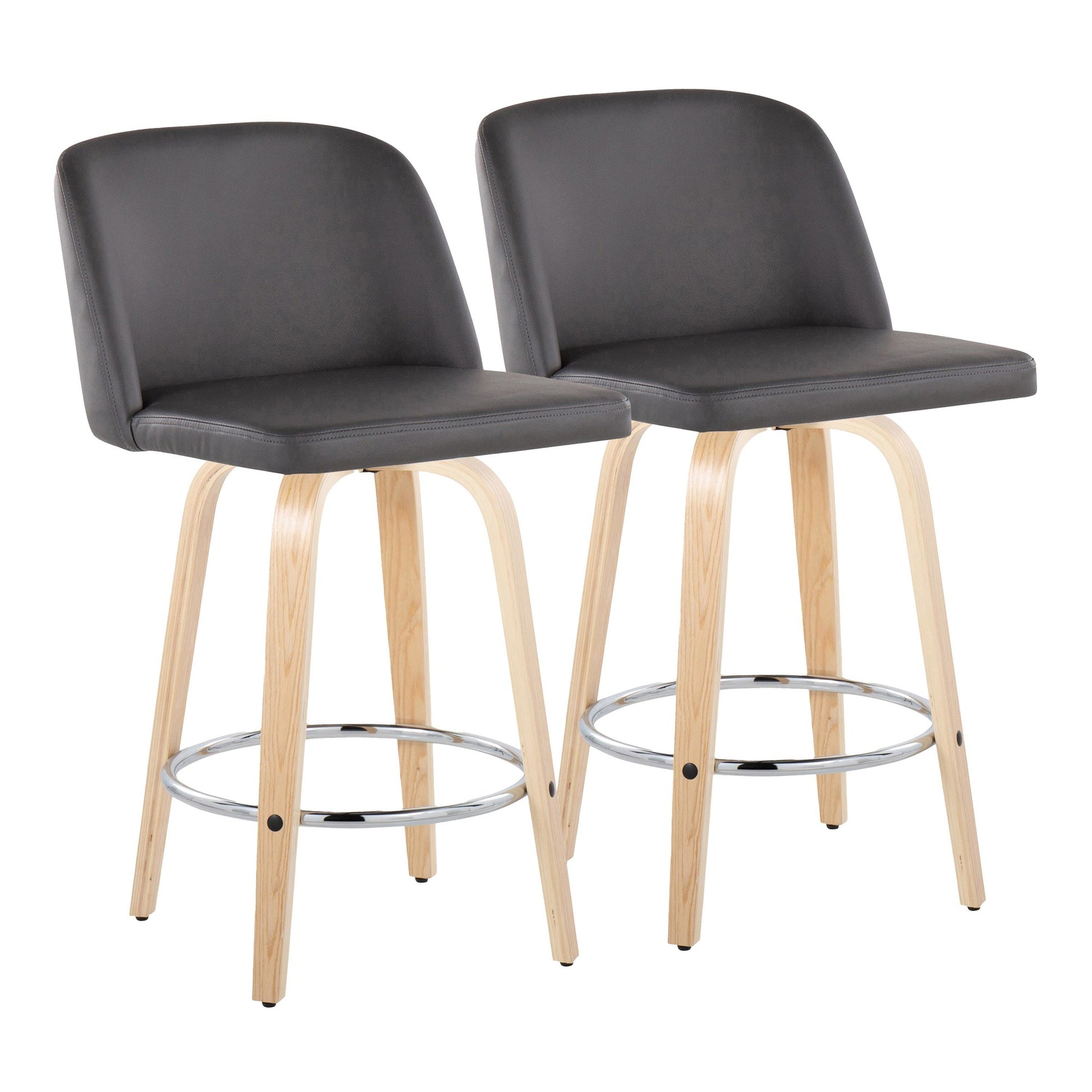 Toriano 26" Contemporary Fixed Height Counter Stool with Swivel in Natural Wood and Cream Faux Leather with Round Chrome Metal Footrest By LumiSource - Set of 2 | Counter Stools | Modishstore - 8