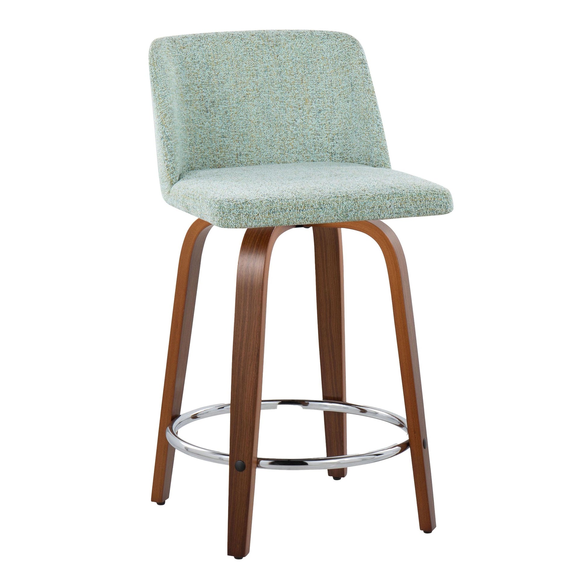 Toriano 24" Mid-Century Modern Fixed Height Counter Stool with Swivel in Walnut Wood and Light Green Fabric with Round Chrome Metal Footrest By LumiSource - Set of 2 | Counter Stools | Modishstore - 4