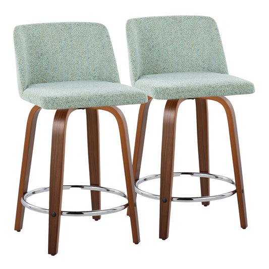 Toriano 24" Mid-Century Modern Fixed Height Counter Stool with Swivel in Walnut Wood and Light Green Fabric with Round Chrome Metal Footrest By LumiSource - Set of 2 | Counter Stools | Modishstore