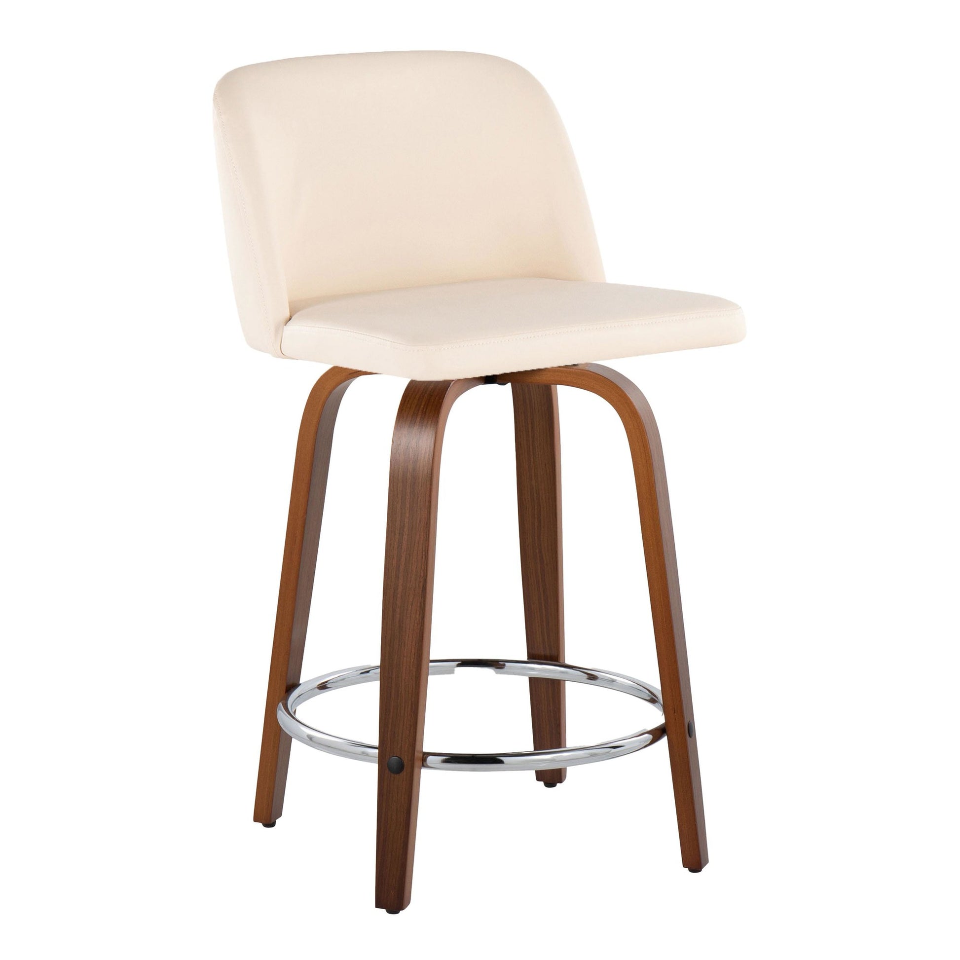 Toriano 24" Mid-Century Modern Fixed Height Counter Stool with Swivel in Walnut Wood and Cream Faux Leather with Round Chrome Metal Footrest By LumiSource - Set of 2 | Counter Stools | Modishstore - 4