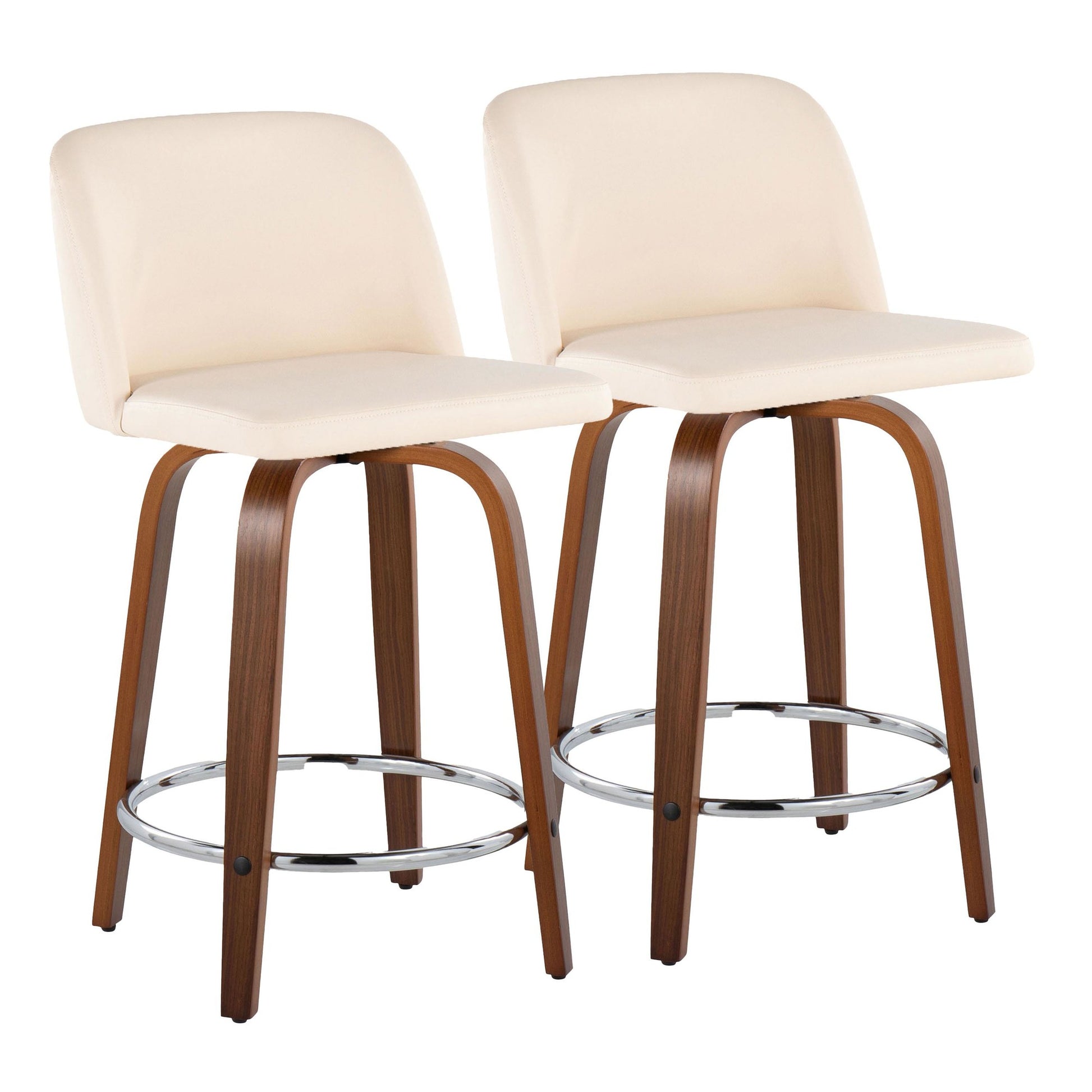 Toriano 24" Mid-Century Modern Fixed Height Counter Stool with Swivel in Walnut Wood and Cream Faux Leather with Round Chrome Metal Footrest By LumiSource - Set of 2 | Counter Stools | Modishstore