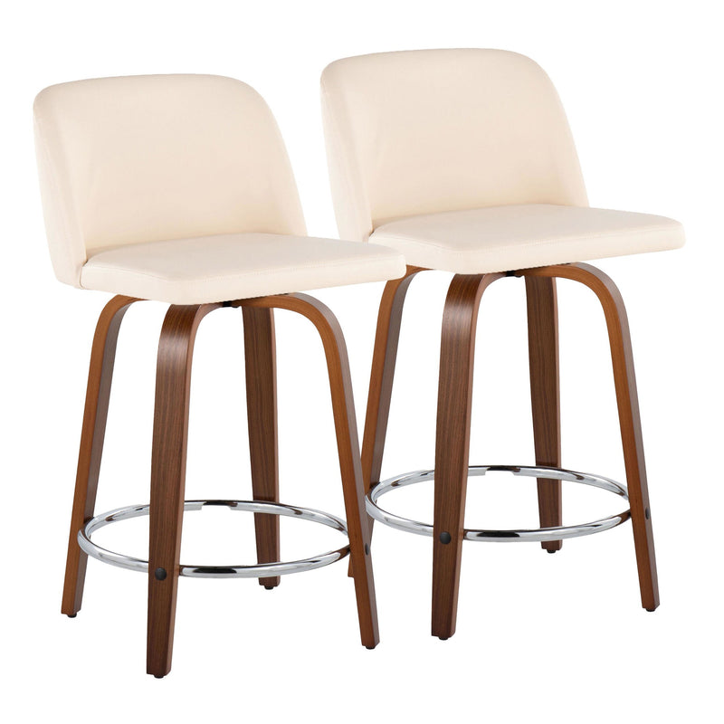Toriano 24" Mid-Century Modern Fixed Height Counter Stool with Swivel in Walnut Wood and Cream Faux Leather with Round Chrome Metal Footrest By LumiSource - Set of 2 | Counter Stools | Modishstore