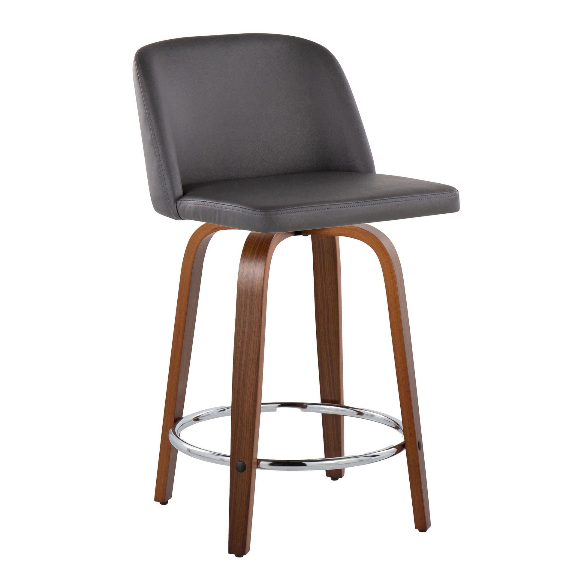 Toriano 24" Mid-Century Modern Fixed Height Counter Stool with Swivel in Walnut Wood and Cream Faux Leather with Round Chrome Metal Footrest By LumiSource - Set of 2 | Counter Stools | Modishstore - 11