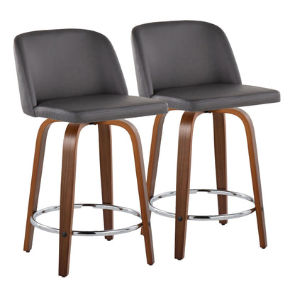 Toriano 24" Mid-Century Modern Fixed Height Counter Stool with Swivel in Walnut Wood and Cream Faux Leather with Round Chrome Metal Footrest By LumiSource - Set of 2 | Counter Stools | Modishstore - 8