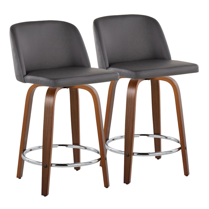 Toriano 24" Mid-Century Modern Fixed Height Counter Stool with Swivel in Walnut Wood and Cream Faux Leather with Round Chrome Metal Footrest By LumiSource - Set of 2 | Counter Stools | Modishstore - 8