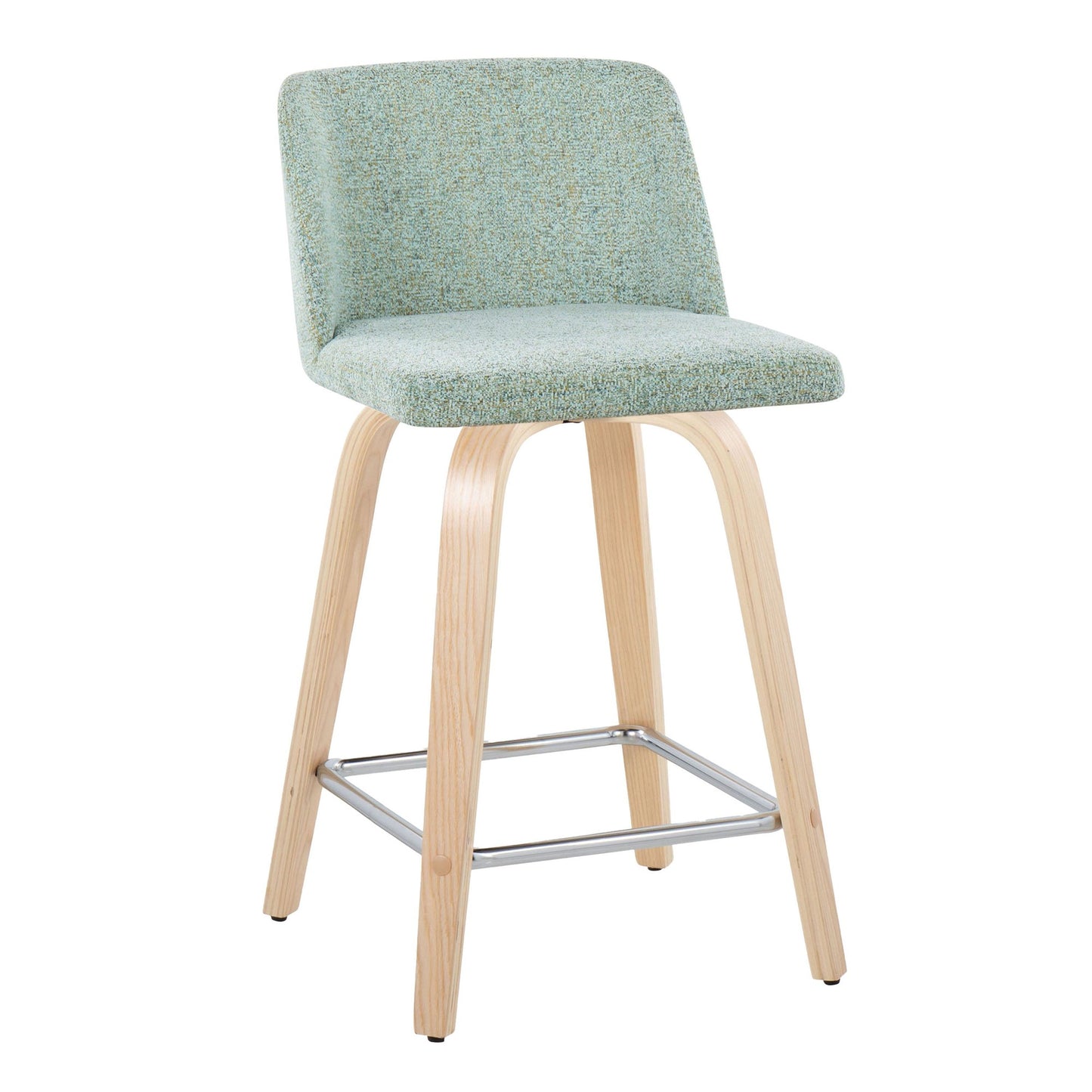 Toriano 24" Contemporary Fixed Height Counter Stool with Swivel in Natural Wood and Light Green Fabric with Square Chrome Metal Footrest By LumiSource - Set of 2 | Counter Stools | Modishstore - 4