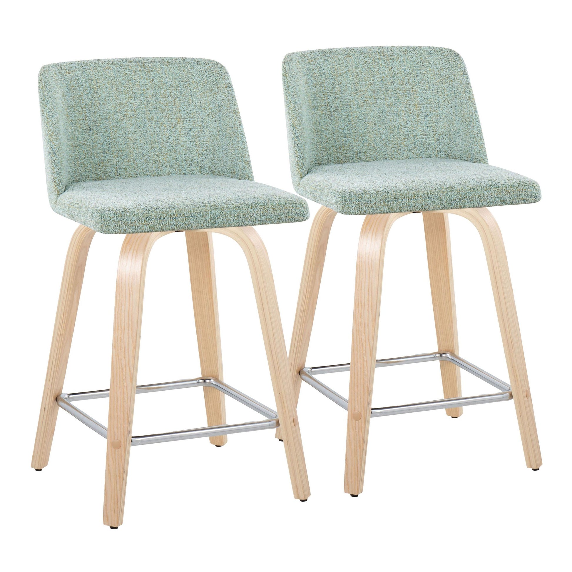 Toriano 24" Contemporary Fixed Height Counter Stool with Swivel in Natural Wood and Light Green Fabric with Square Chrome Metal Footrest By LumiSource - Set of 2 | Counter Stools | Modishstore