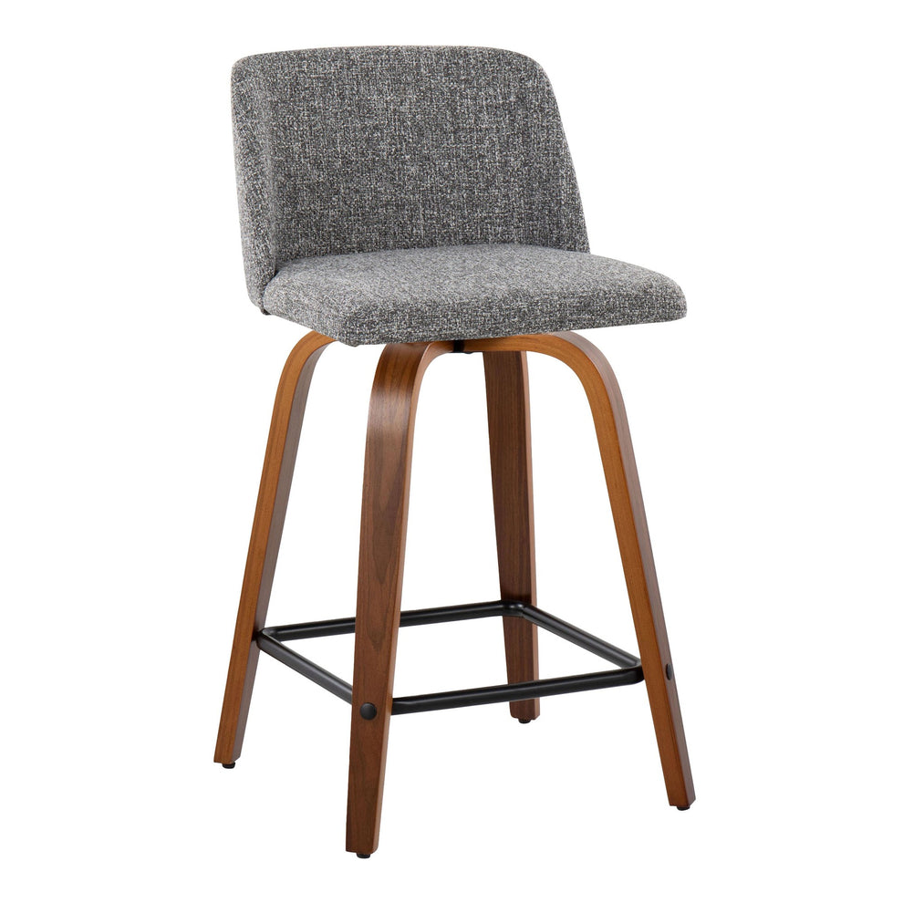 Toriano 24" Mid-Century Modern Fixed Height Counter Stool with Swivel in Walnut Wood and Grey Noise Fabric with Square Black Metal Footrest By LumiSource - Set of 2 | Counter Stools | Modishstore - 4