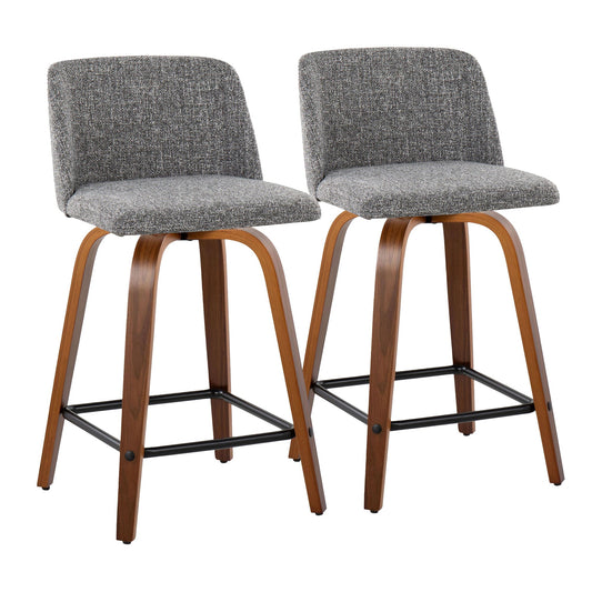 Toriano 24" Mid-Century Modern Fixed Height Counter Stool with Swivel in Walnut Wood and Grey Noise Fabric with Square Black Metal Footrest By LumiSource - Set of 2 | Counter Stools | Modishstore