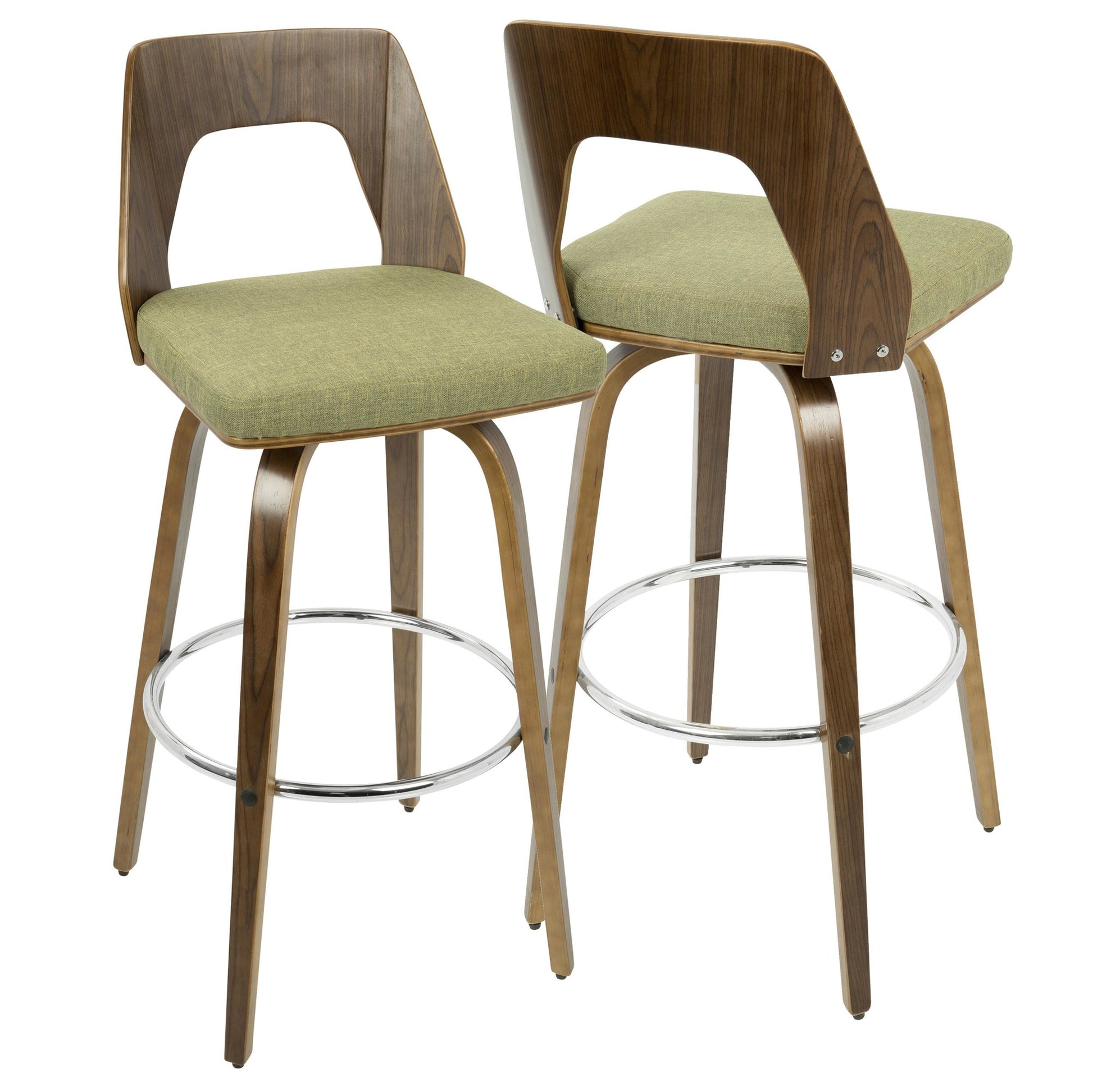 Trilogy 30" Mid-Century Modern Fixed Height Barstool with Swivel in Walnut and Green Fabric By LumiSource - Set of 2 | Bar Stools | Modishstore - 5