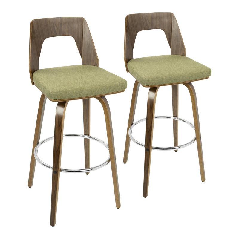 Trilogy 30" Mid-Century Modern Fixed Height Barstool with Swivel in Walnut and Green Fabric By LumiSource - Set of 2 | Bar Stools | Modishstore