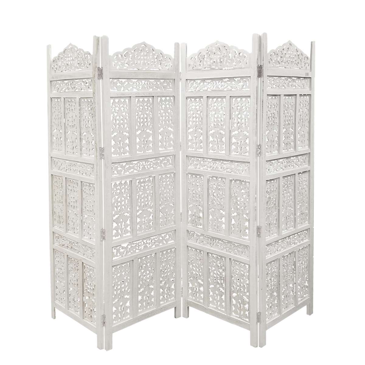 Aesthetically Carved 4 Panel Wooden Partition Screen/Room Divider, Distressed White  By Benzara | Room Divider |  Modishstore 