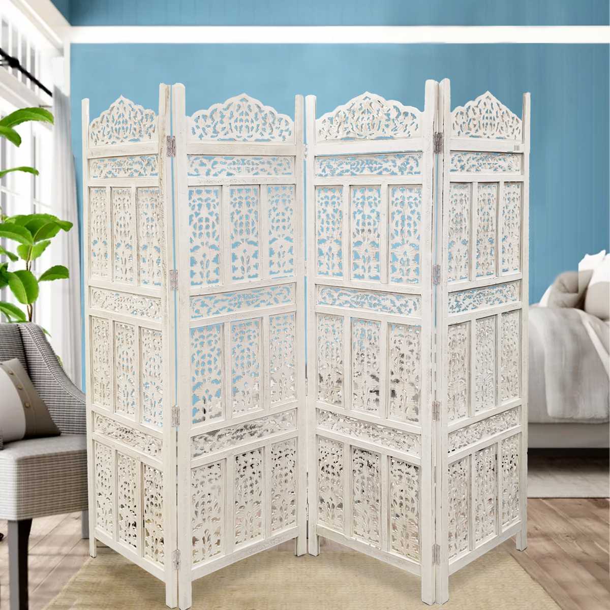 Aesthetically Carved 4 Panel Wooden Partition Screen/Room Divider, Distressed White  By Benzara | Room Divider |  Modishstore  - 2