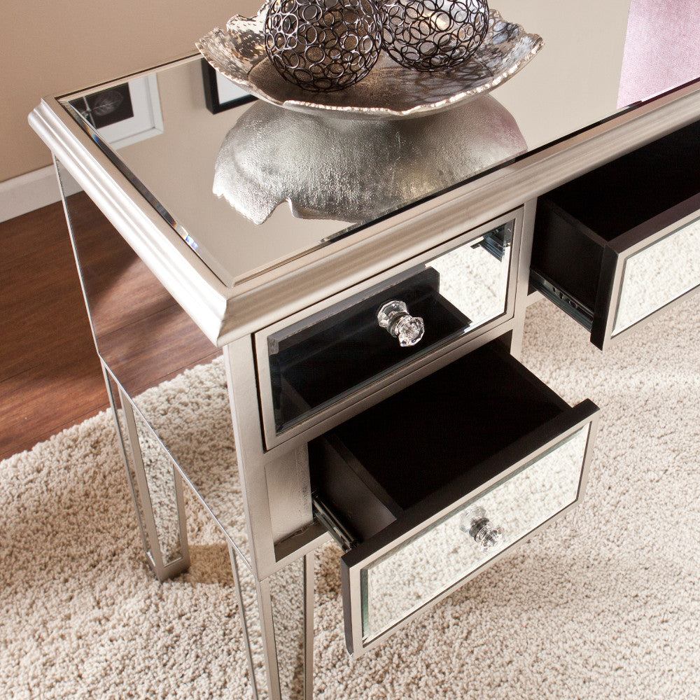 5 Drawer Wooden Console Table With Mirror Inserts, Silver And Gray  By Benzara | Console Tables |  Modishstore  - 5