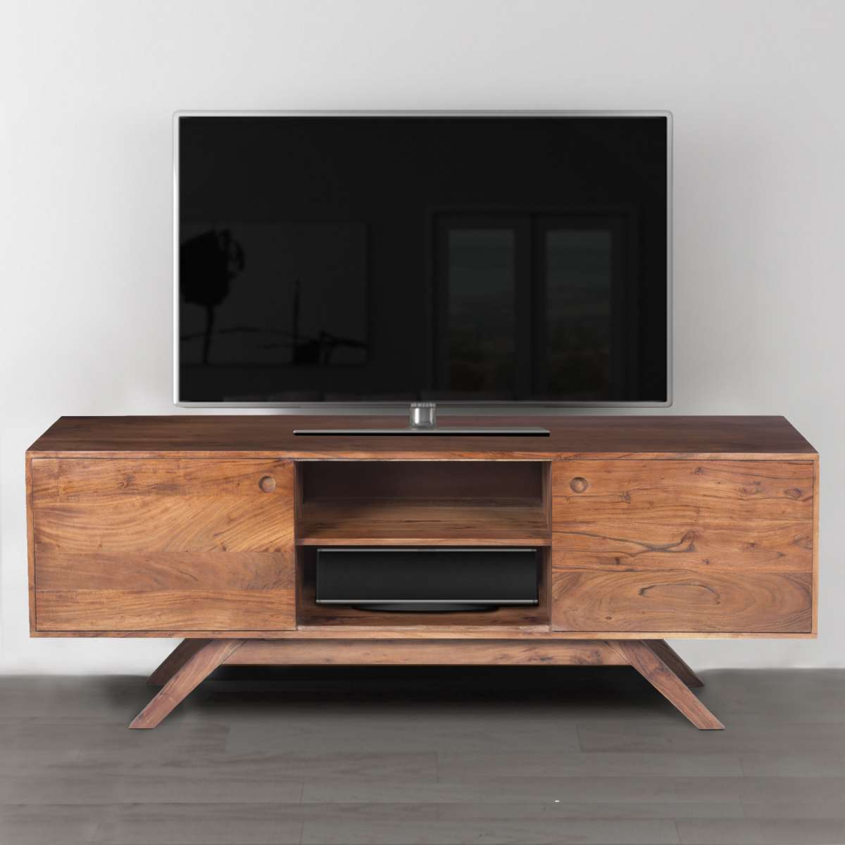Mid Century Modern Acacia Wood Tv Unit With Wide Storage, Walnut Brown By Benzara | TV Stands |  Modishstore  - 2